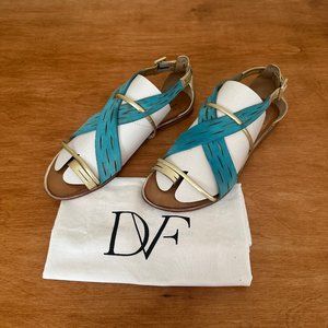 dvf flat sandal • turquoise suede & gold leather • sz 9 • $356